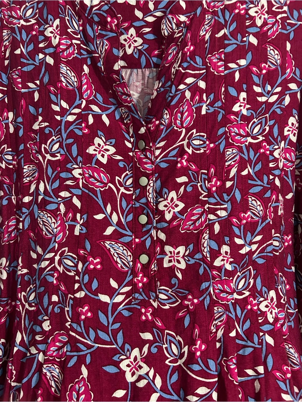 Women’s Floral Button-Front Top - Burgundy below knee dress with pleated front